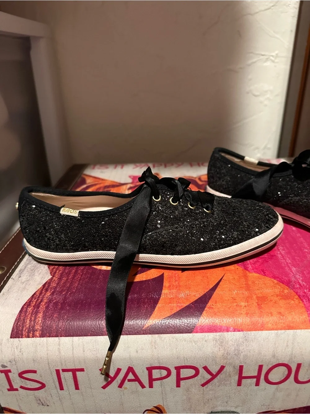 kate spade Black Glitter Ribbon Lace Women's Sneakers